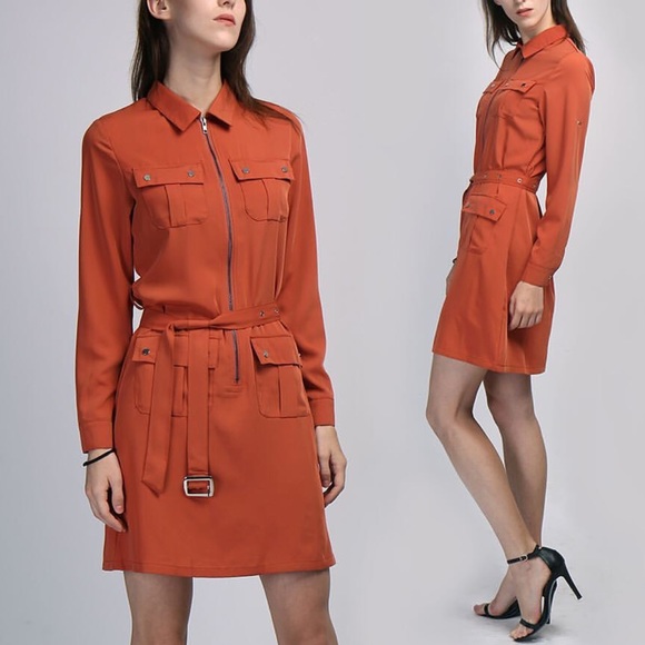 Boutique Dresses & Skirts - Blood Orange Multi Pocket Belted Boyfriend Dress